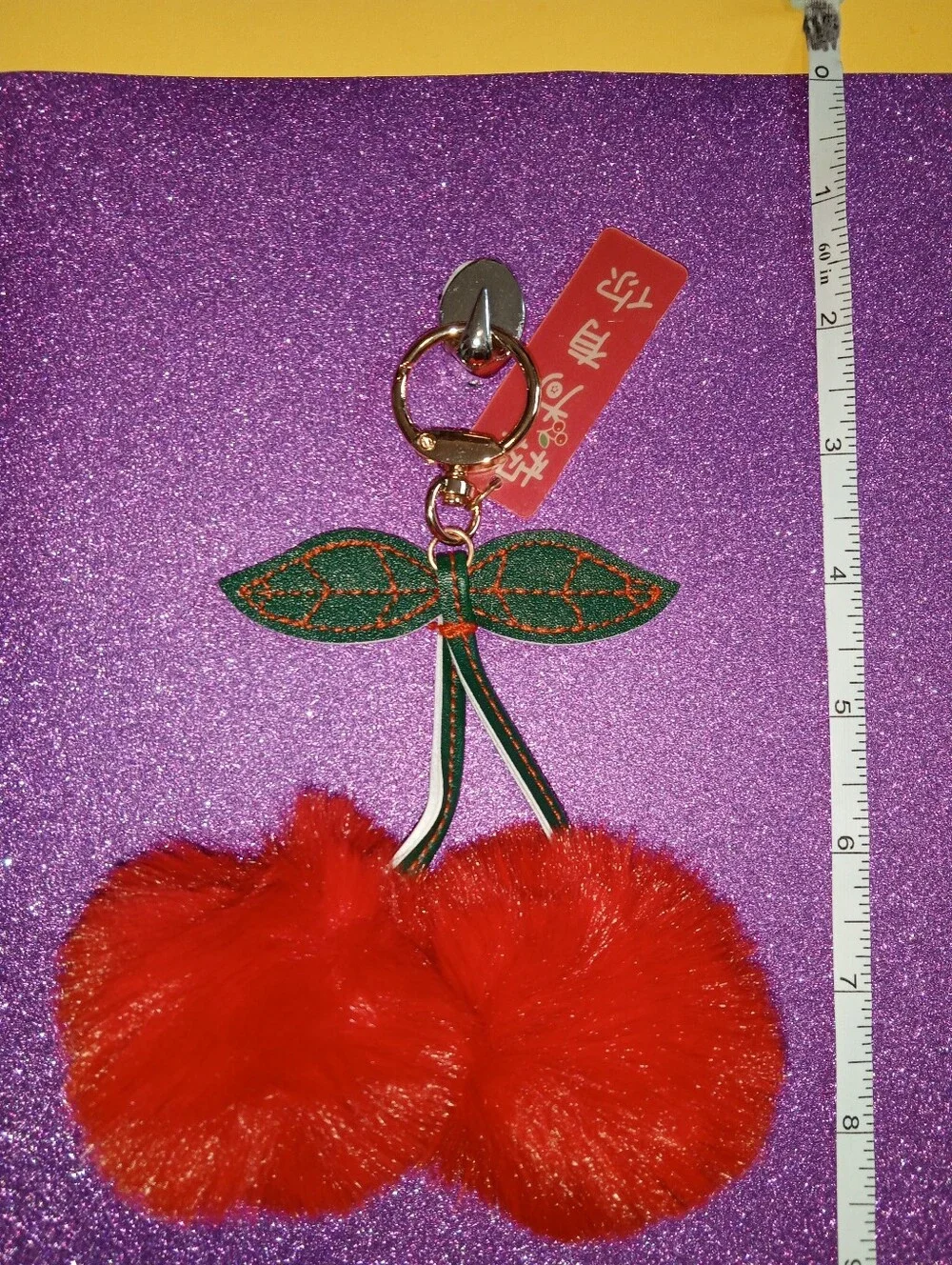 Fluffy Rex Rabbit Furball Red Cherry Pom Pom Keychain